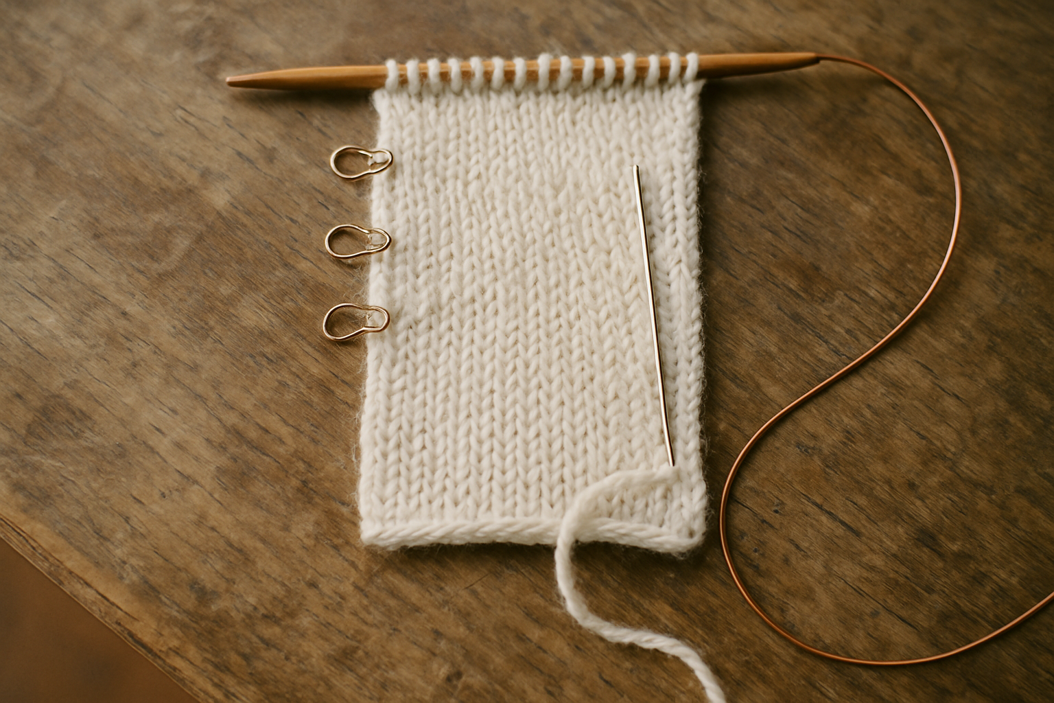 A cream stockinette swatch on a wooden table with a darning needle laid up one column of V-shaped knit stitches and three locking stitch markers clipped to the side edge ten rows apart.