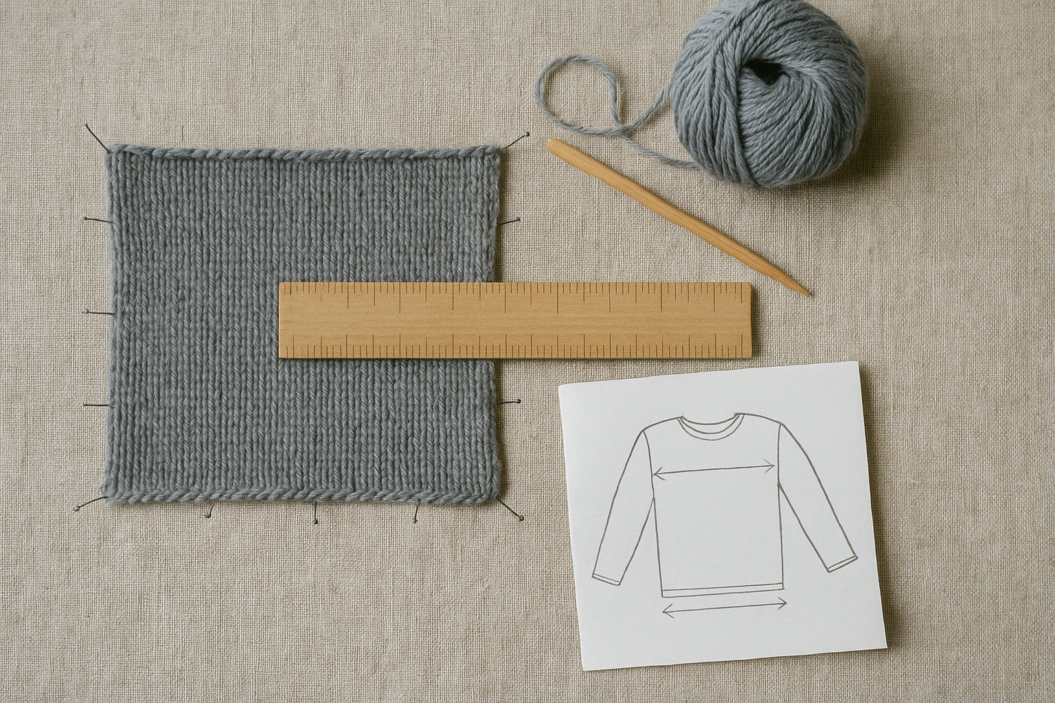 A blocked grey swatch pinned flat with a wooden ruler across it, next to a sweater schematic with width arrows, showing how to match a size to your own gauge.