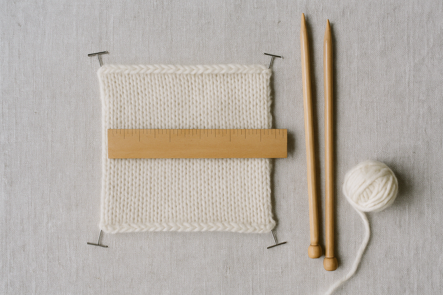 Ein gespanntes cremefarbenes Probestueck in glatt rechts, an den Ecken flach festgesteckt, mit einem Holzlineal quer in der Mitte zum Maschenzaehlen und einem Paar Nadeln daneben.