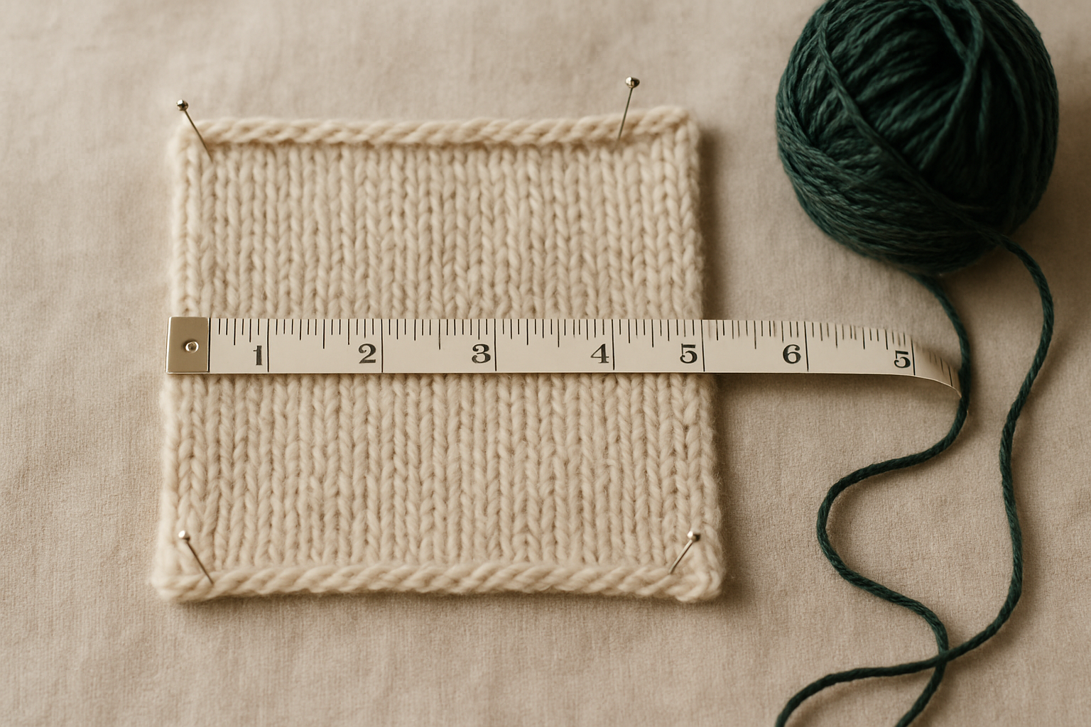 A blocked stockinette swatch lying flat with a ruler measuring stitches across 10 centimetres through the middle.