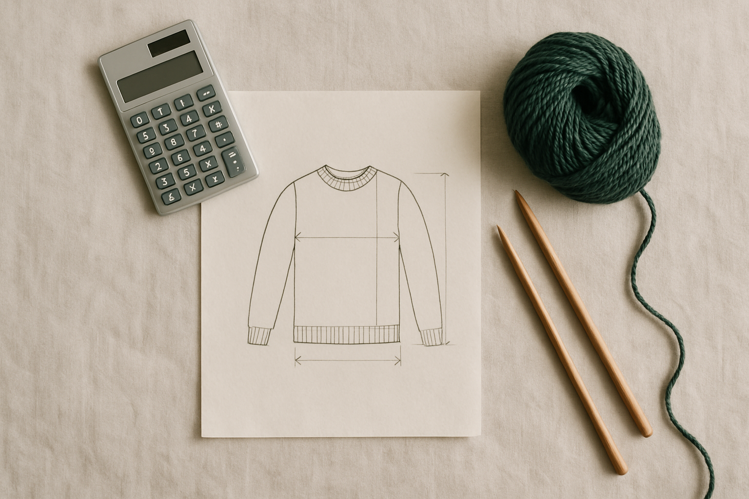 A knitted sample swatch beside a size chart and a row of stitch counts, showing one size graded out to a full range.