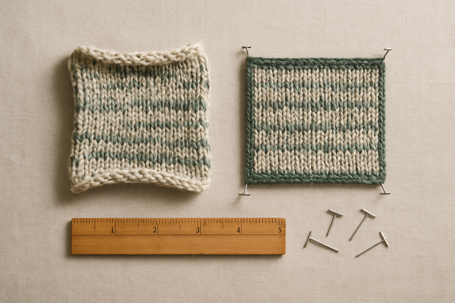 A knitted stockinette swatch on a ruler, with the curling edges held flat to measure the middle 10 centimetres