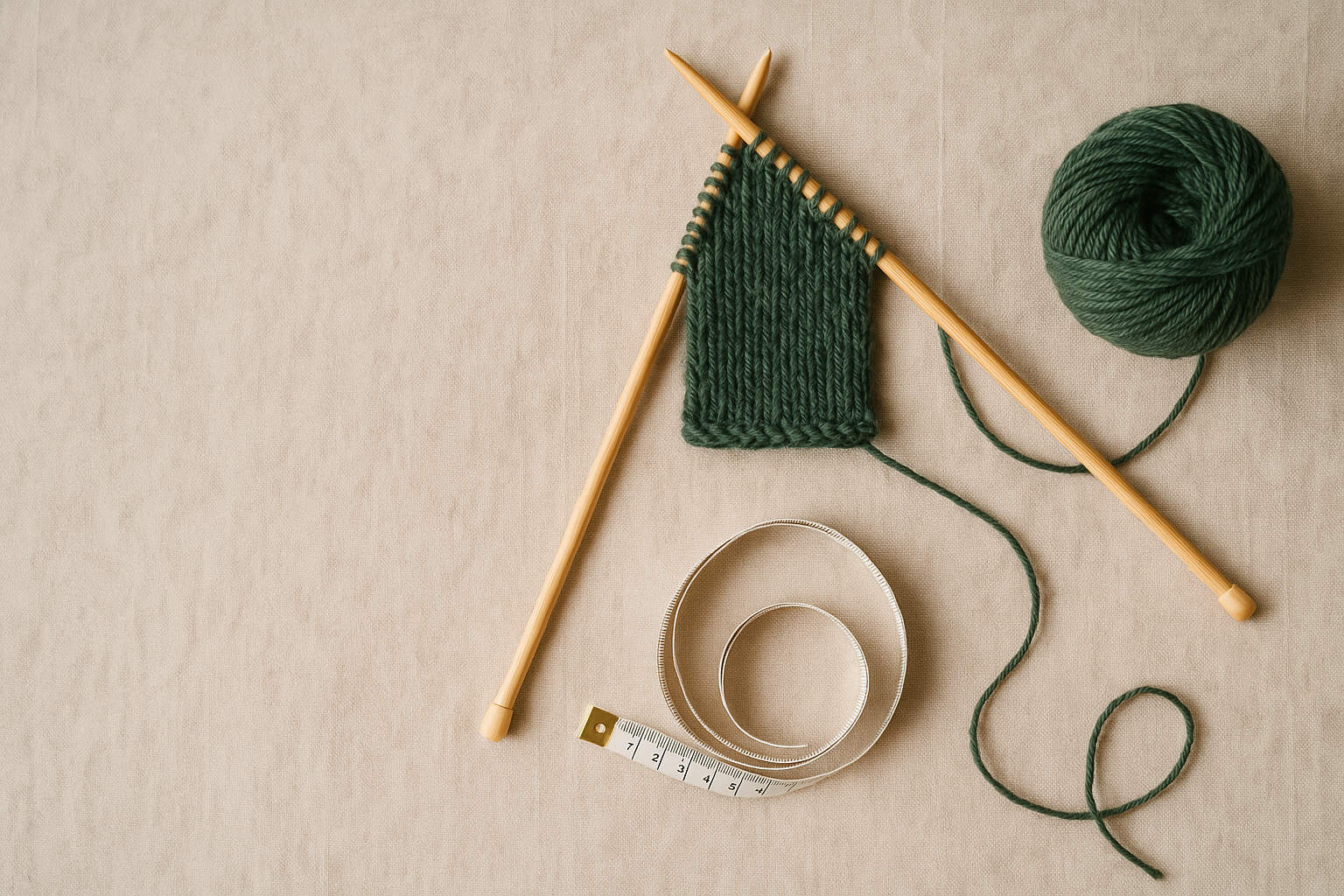 A flat-lay of hand-knitting in progress on oatmeal linen: a knitted swatch in heathered wool, wooden needles, a measuring tape, and a ball of deep green yarn.
