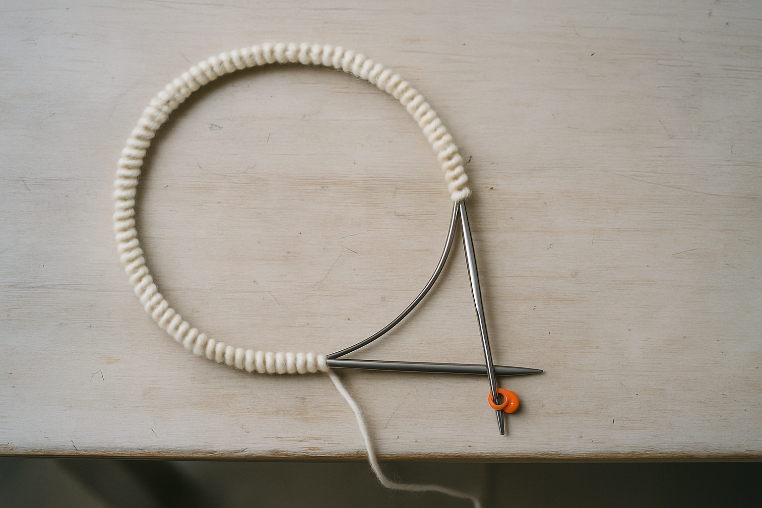 A circular knitting needle laid flat on a wooden table holding cream wool cast-on stitches that all face the same way, with the two needle tips meeting at the join and a stitch marker on the right tip.