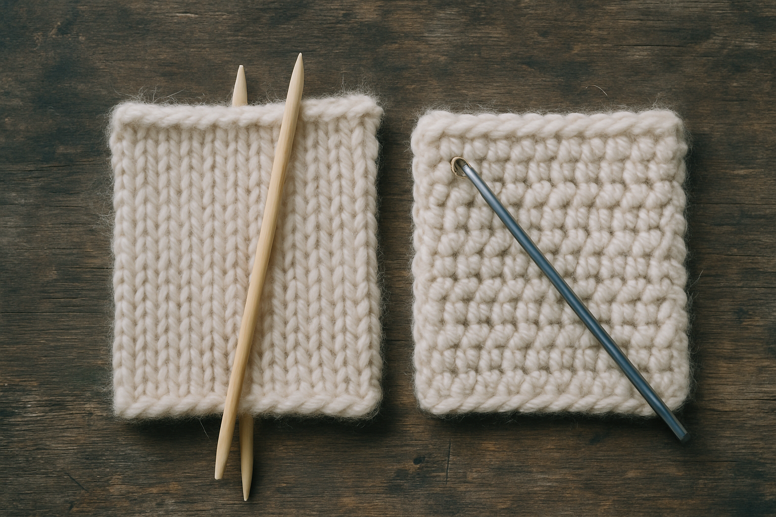Two swatches in the same cream yarn side by side, a knitted one showing smooth columns of V-shaped stitches with two needles resting on it, and a crocheted one showing taller, denser post-like stitches with a single hook laid across it.