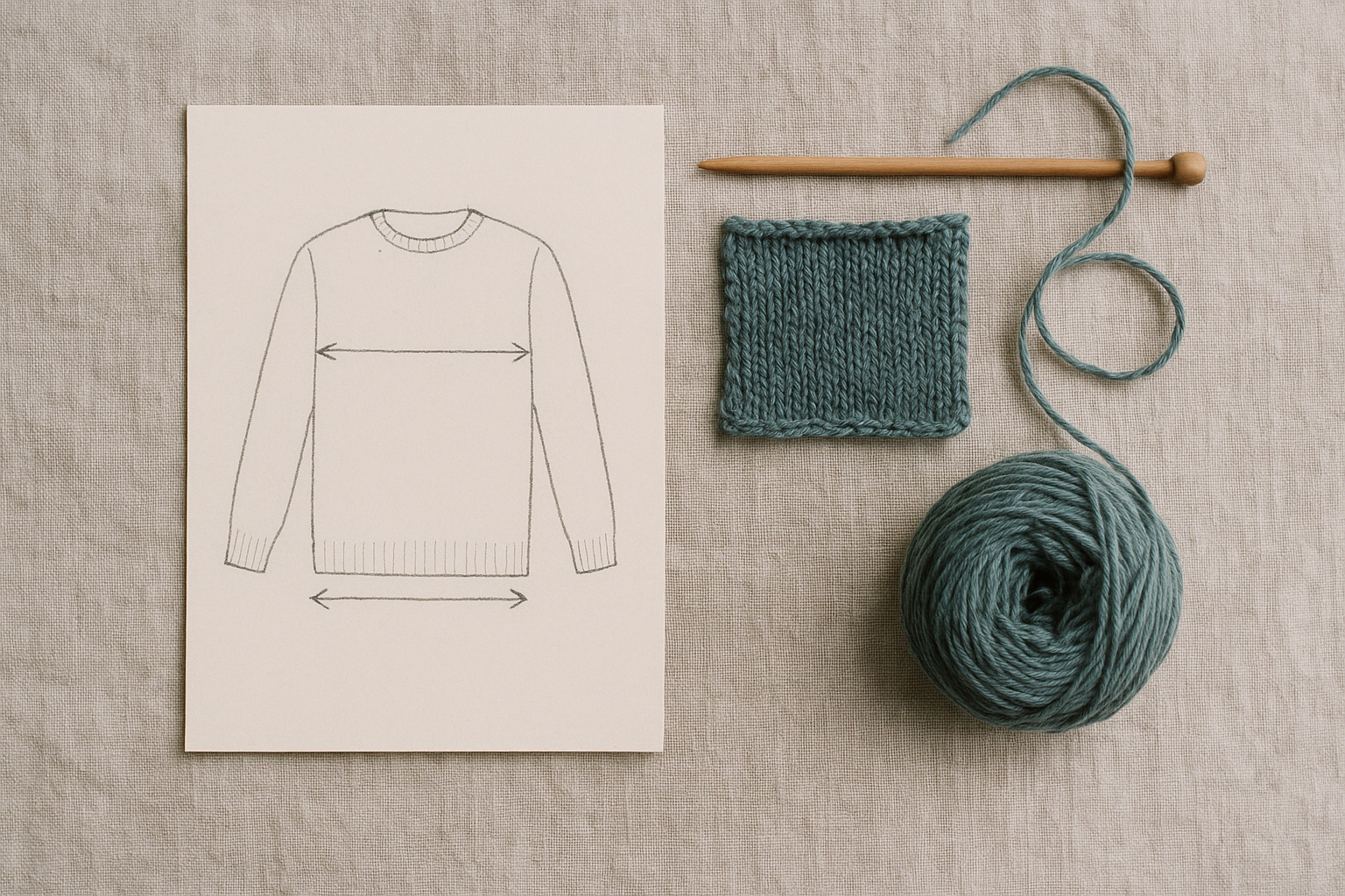 Esquema de un jersey con flechas que marcan el ancho de pecho y el largo del cuerpo, junto a una muestra tejida y un ovillo, las medidas que la graduacion convierte en cuentas de puntos y vueltas.
