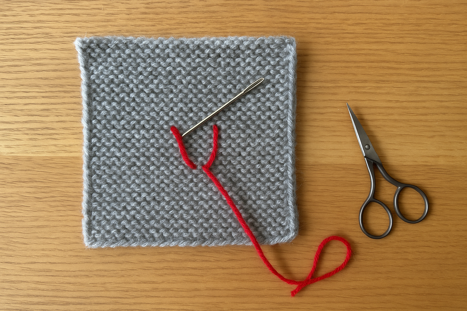 The purl side of a grey stockinette swatch with a contrasting red yarn tail woven through the purl bumps, turned, and brought back on a parallel line in a narrow U, a steel tapestry needle just above it and small scissors beside the swatch.