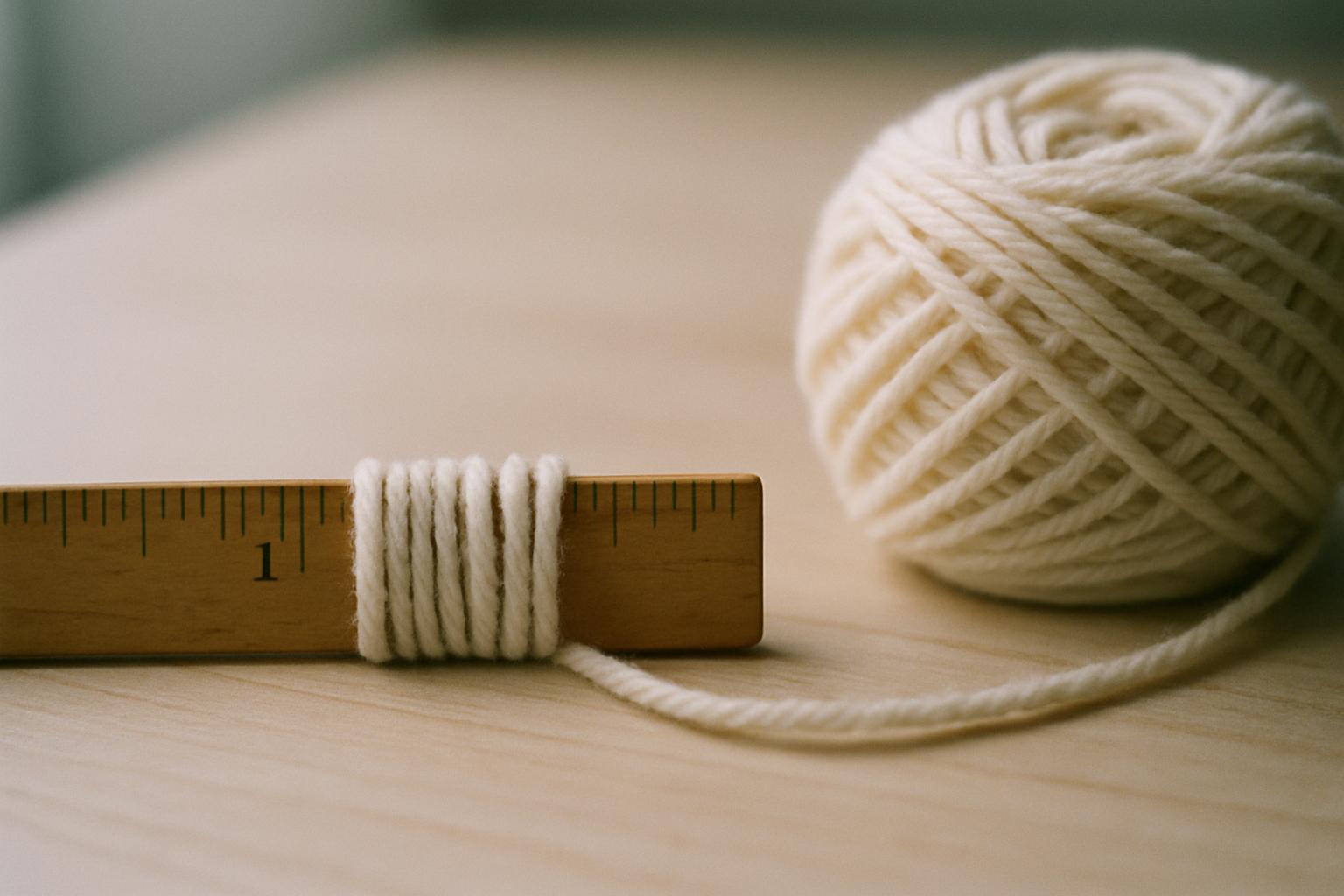 A strand of cream worsted weight wool wrapped snugly around a wooden ruler, filling one inch with about ten wraps, with a ball of the same yarn beside it.